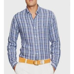 Ralph Lauren Men's Button Down Long Sleeve Plaid Linen Shirt Blue Size Large